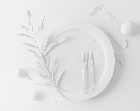 Minimalist white plate setting with leaves and spheres; studio shot
