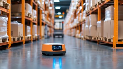 Poster - A robotic device navigates through a warehouse aisle, surrounded by shelves stacked with boxes, showcasing automation in logistics.