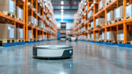 Poster - A robotic vacuum moves through a warehouse, surrounded by shelves filled with cardboard boxes, showcasing automation in logistics.