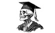 © Coosh448 - Skull in graduation cap and gown, academic skeleton icons set, linear vector.