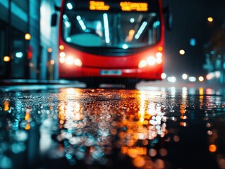 Poster - Cinematic Urban Mobility High-Contrast Wet Night Street Scene with Blurred Transit Vehicle - Immersive Transportation Design and Smart City Aesthetics