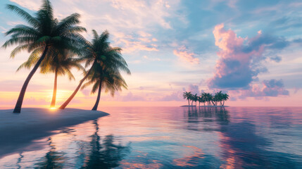 Wall Mural - beautiful tropical sunset over calm waters with palm trees and a boat anchored on a quiet beach