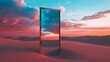 © VK Studio - A surreal portal frame stands among vast desert sands, reflecting clouds and sky, merging reality with imagination.