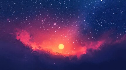 Wall Mural - Vibrant Cosmic Sky with Nebula, Stars, and a Glowing Celestial Body, Artistic Illustration.