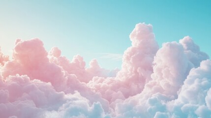 Wall Mural - Dreamy Pastel Sky Fluffy Pink and White Clouds Against a Soft Turquoise Sky.