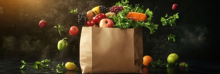 Fototapete - Fresh fruits and vegetables spilling from a tipped grocery bag in dramatic lighting