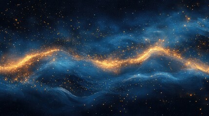 Wall Mural - Ethereal Cosmic Nebula Sparkling Gold Light Streaks Across a Dark Blue Universe