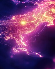 Poster - Abstract illuminated map of a landmass with glowing lights in vibrant pinks purples and blues showing network connections and central radiance