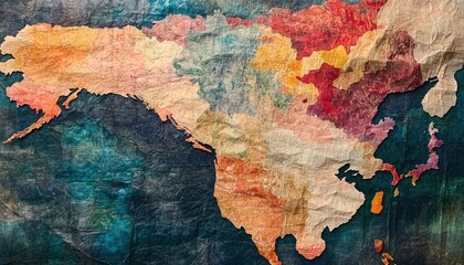 Poster - Abstract Map of Eurasia with Textured Surface and Multi-Colored Regions on Dark Blue Background