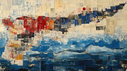 Poster - Abstract artwork with textured surface featuring vibrant red blue and white color palette shapes and patterns