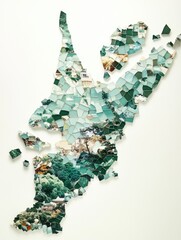 Poster - Abstract mosaic art piece forming a landmass with squares in multiple shades of green orange and white on a white background