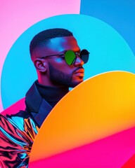 Leinwandbilder - Y2K Tech Remix Vibrant Retro-Futuristic Portrait of Contemporary Black Masculinity in High-Contrast Digital Fashion