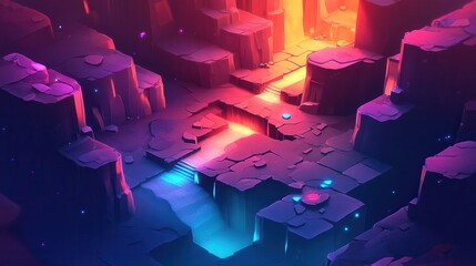 Aufkleber - Vivid isometric terrain with colorful lighting and 3D UI elements designed for gaming environments crafted for immersive experiences