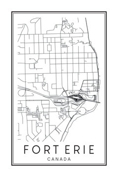 Hand drawn printable downtown road map poster of the Canadian city of FORT ERIE on solid white background with city name