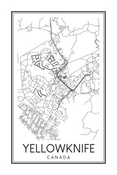 Hand drawn printable downtown road map poster of the Canadian city of YELLOWKNIFE on solid white background with city name