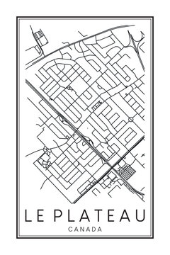 Hand drawn printable downtown road map poster of the Canadian city of LE PLATEAU on solid white background with city name