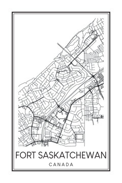 Hand drawn printable downtown road map poster of the Canadian city of FORT SASKATCHEWAN on solid white background with city name