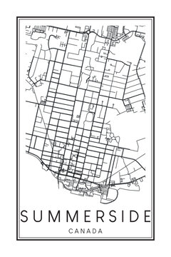 Hand drawn printable downtown road map poster of the Canadian city of SUMMERSIDE on solid white background with city name