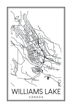 Hand drawn printable downtown road map poster of the Canadian city of WILLIAMS LAKE on solid white background with city name