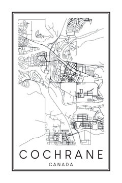Hand drawn printable downtown road map poster of the Canadian city of COCHRANE on solid white background with city name