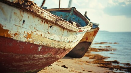  Delicately rusted boats on a quiet beach, against a backdrop of gentle waves and a serene ocean horizon.