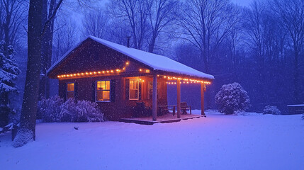 Poster - A cozy wooden cabin surrounded by thick snowfall and glowing lights