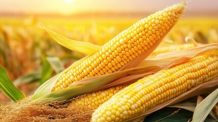 Aufkleber - Golden corn cobs in a lush agricultural field at sunset with glistening kernels and rolling farmland