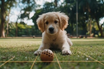 Poster - Energetic puppy joyfully plays with a ball in a lush green park during a sunny day