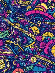 Poster - Vibrant abstract illustration features intricate patterns in various colors like blue, purple, and yellow, creating a busy and dynamic composition