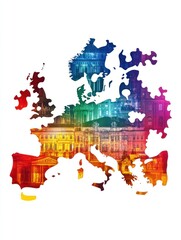 Poster - Colorful map of Europe with cityscapes overlaid representing diversity and culture against white background