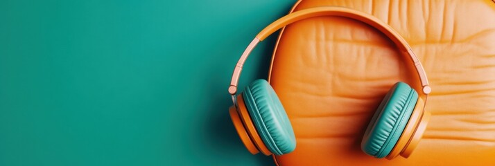 Aufkleber - Minimalist Digital Audio Experience Vibrant Ergonomic Wireless Headphones on Retro Color-Block Background - Modern Remote Work and Learning Aesthetic