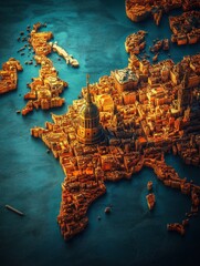 Poster - Gold colored 3D render of a map of a continent with intricate details on a teal background