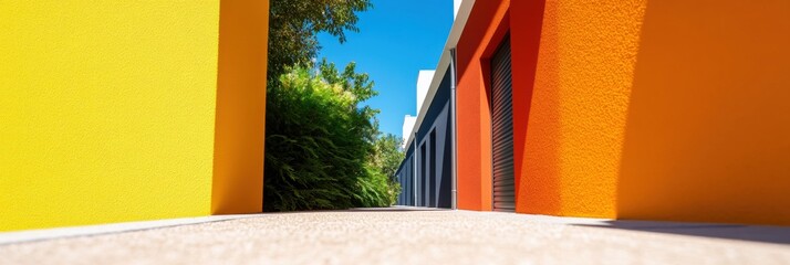 Poster - Bold Urban Architecture Meets Nature Vibrant Color Block Design Showcasing Sustainable Modern Living with Geometric Minimalist Landscape Integration