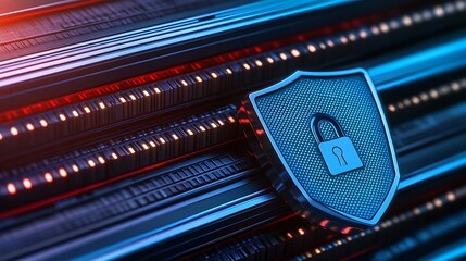 Poster - digital lock symbol on metallic shield with abstract background of glowing lines and lights