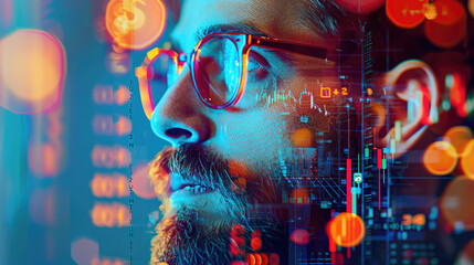 Poster - A thoughtful man gazes into the future, his profile juxtaposed with a vibrant digital interface representing data and technology in modern life.