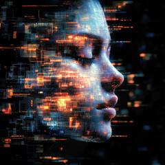 Poster - A serene woman's profile emerges from an ethereal flow of data, symbolizing the harmony between humanity and the digital age in a mesmerizing composition.