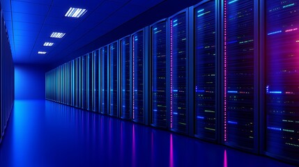 Poster - Futuristic Server Room with Colorful Lights and Modern Data Storage Technology in a Dark Environment