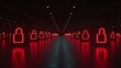 © Tackey - Neon Locks Illuminating Dark Corridor in Futuristic Warehouse Setting with Reflections on Sleek Floor