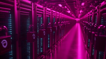 Poster - Neon-Lit Data Center Interior with Security Locks, High-Tech Servers, and Glowing Infrastructure Design