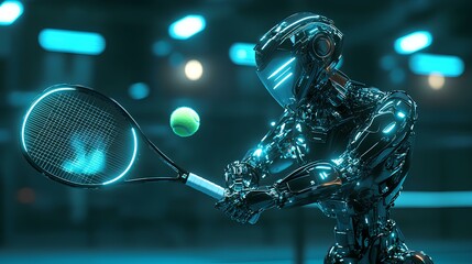 A robot playing futuristic tennis, with its metallic arm swinging a glowing racket to hit an illuminated ball