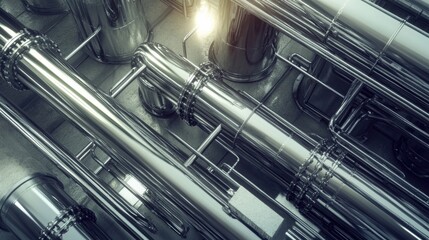 Poster - Industrial Piping: A complex network of polished steel pipes and tubes winds its way through a modern industrial facility.