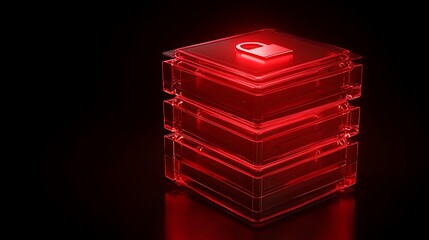 Poster - Secure Data Storage Box with Lock in Neon Red Light on Black Background for Technology and Security Concepts