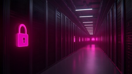 Poster - Secure Data Storage Corridor With Neon Lock Symbols in Modern Server Room Environment at Night
