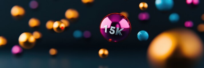 Poster - Immersive Digital Milestone Visualization Vibrant 15K Social Media Achievement Graphic with Dynamic Spherical Metaverse Lighting and Futuristic Brand Engagement Design