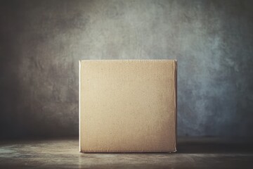 Poster - Cardboard Box on Grunge Surface: A simple cardboard box sits on a rough, grunge background, capturing its texture and color. 