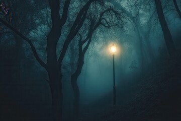 Poster - Eerie fog envelops a dark forest with twisted trees and a glowing street lamp in the distance creating a suspenseful cinematic mood