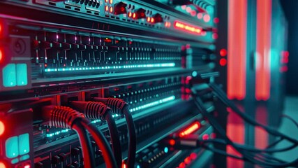 Poster - Close up view of server rack with glowing lights and network cables data center, showcasing advanced technology and connectivity with illuminated cables and hardware components, creating futuristic