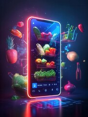 Fototapete - Grocery shopping app displayed on a futuristic smartphone with floating vegetables and fruits in neon glow