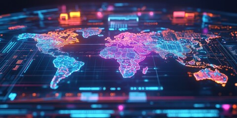 Poster - Global Network: A vibrant, glowing display of a world map, intricately rendered with lines of data and information, symbolizing interconnectedness, communication, and the vastness of the digital age.