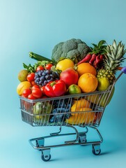 Poster - Modern shopping cart filled with colorful fresh fruits, vegetables, and groceries in a minimalistic setting